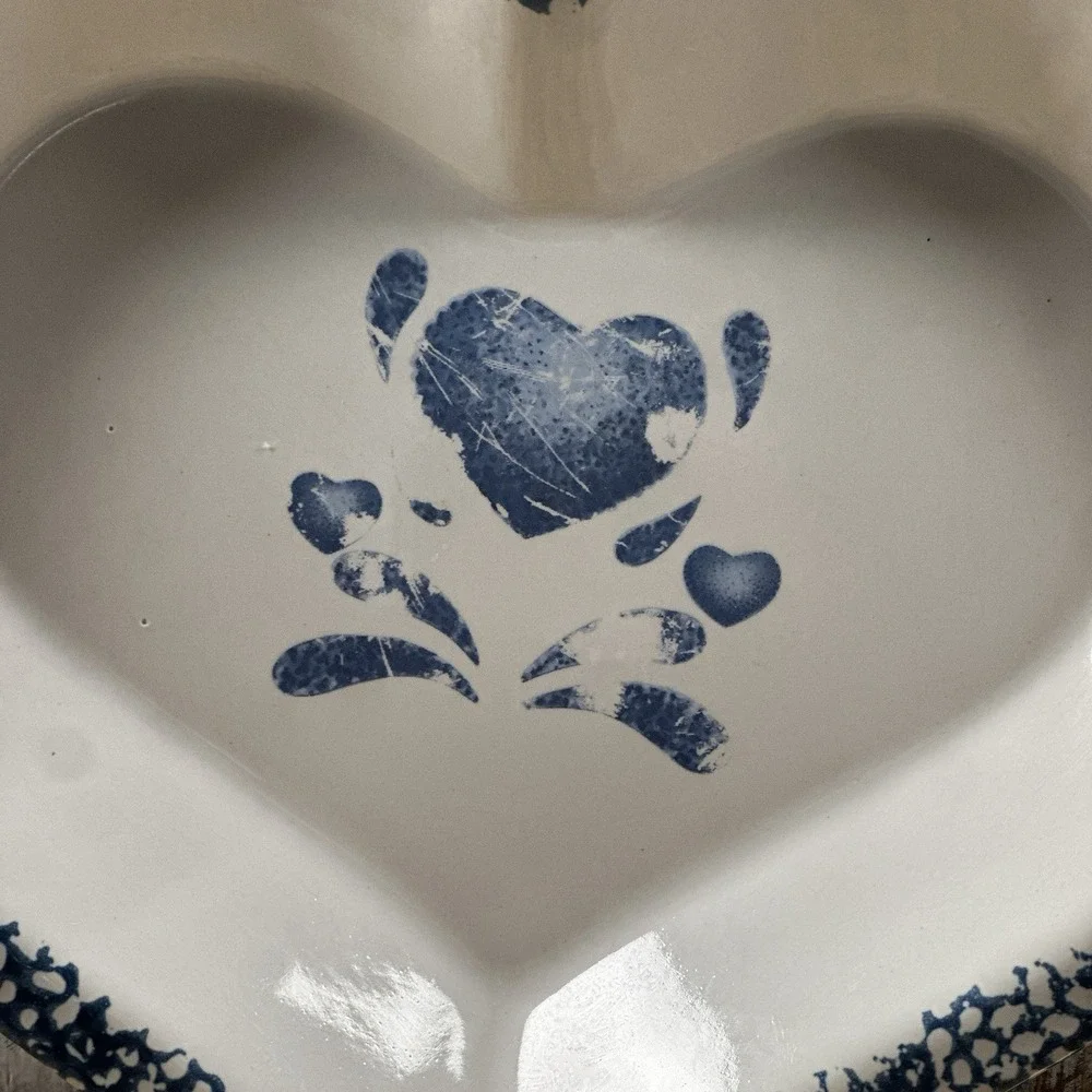 Vintage Blue Spatter or Sponge Stoneware Heart Shape Pie Pan or Bowl Grandmacore